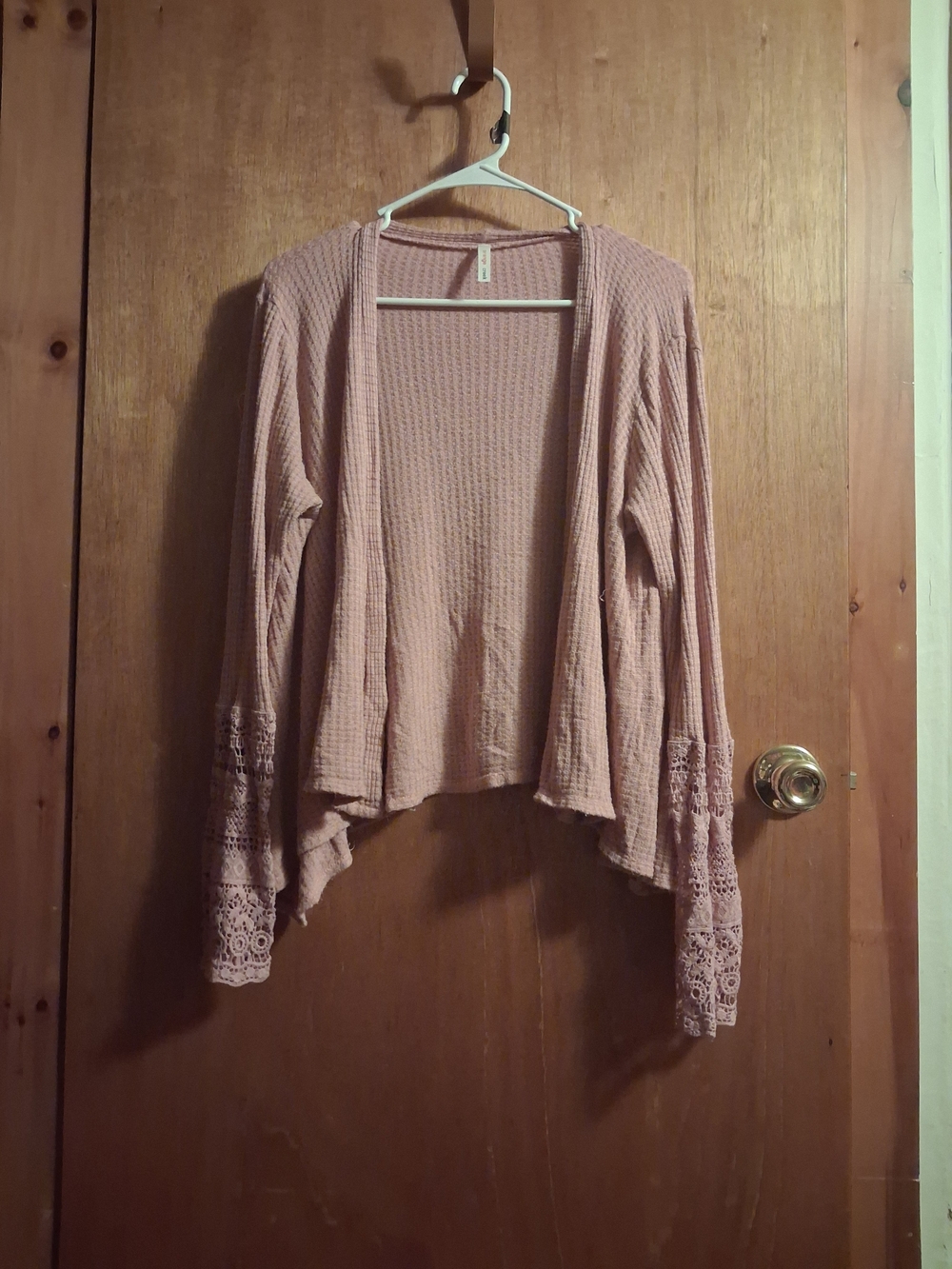 orange creek Blush Pink Open-Front Cardigan with Lace Cuffs